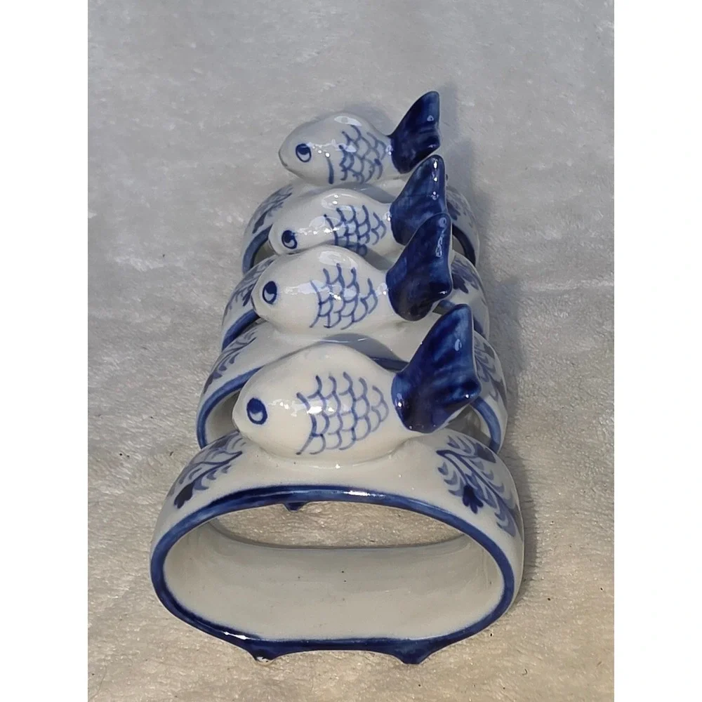 Vintage Blue and White Ceramic Fish Napkin Rings Set of 4 Thailand Coastal Decor